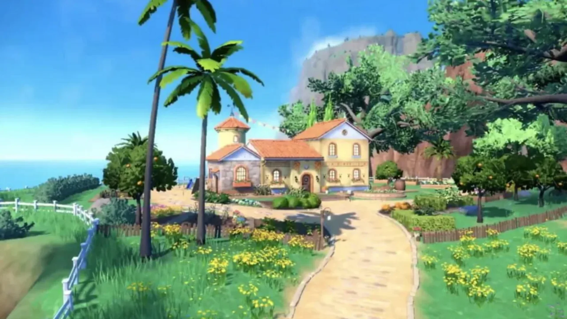 A Mediterranean-style building stands among palm trees and gardens in Pokémon Scarlet and Violet.