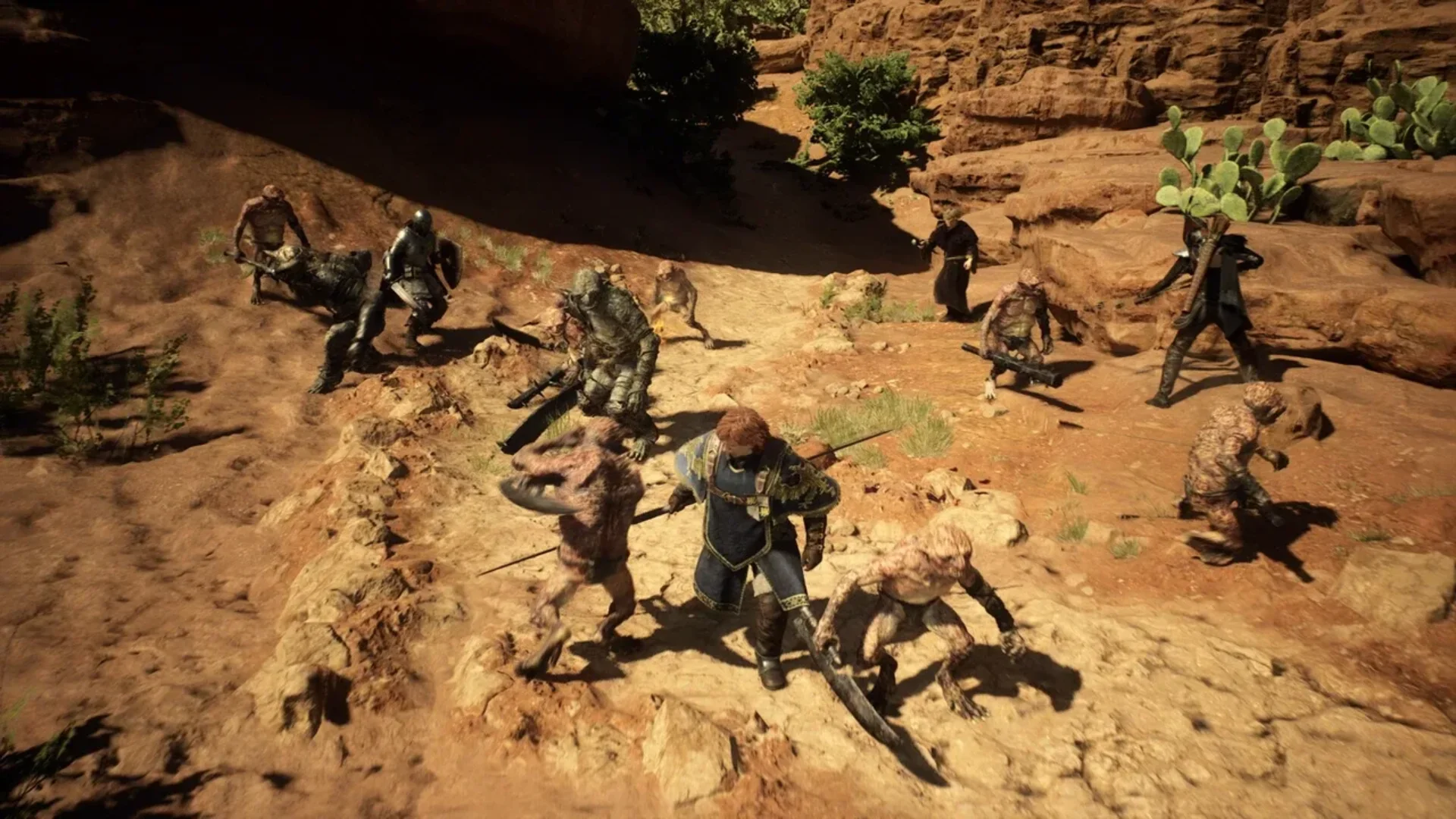 Dragon’s Dogma 2 characters are surrounded by armed enemies in a rocky desert canyon.
