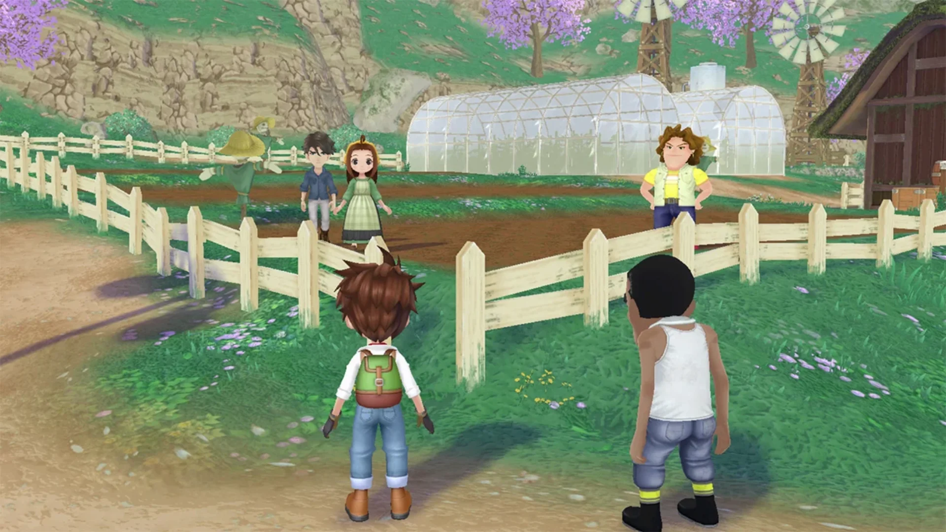 Several Story of Seasons characters gather near fenced fields, a greenhouse and a barn.