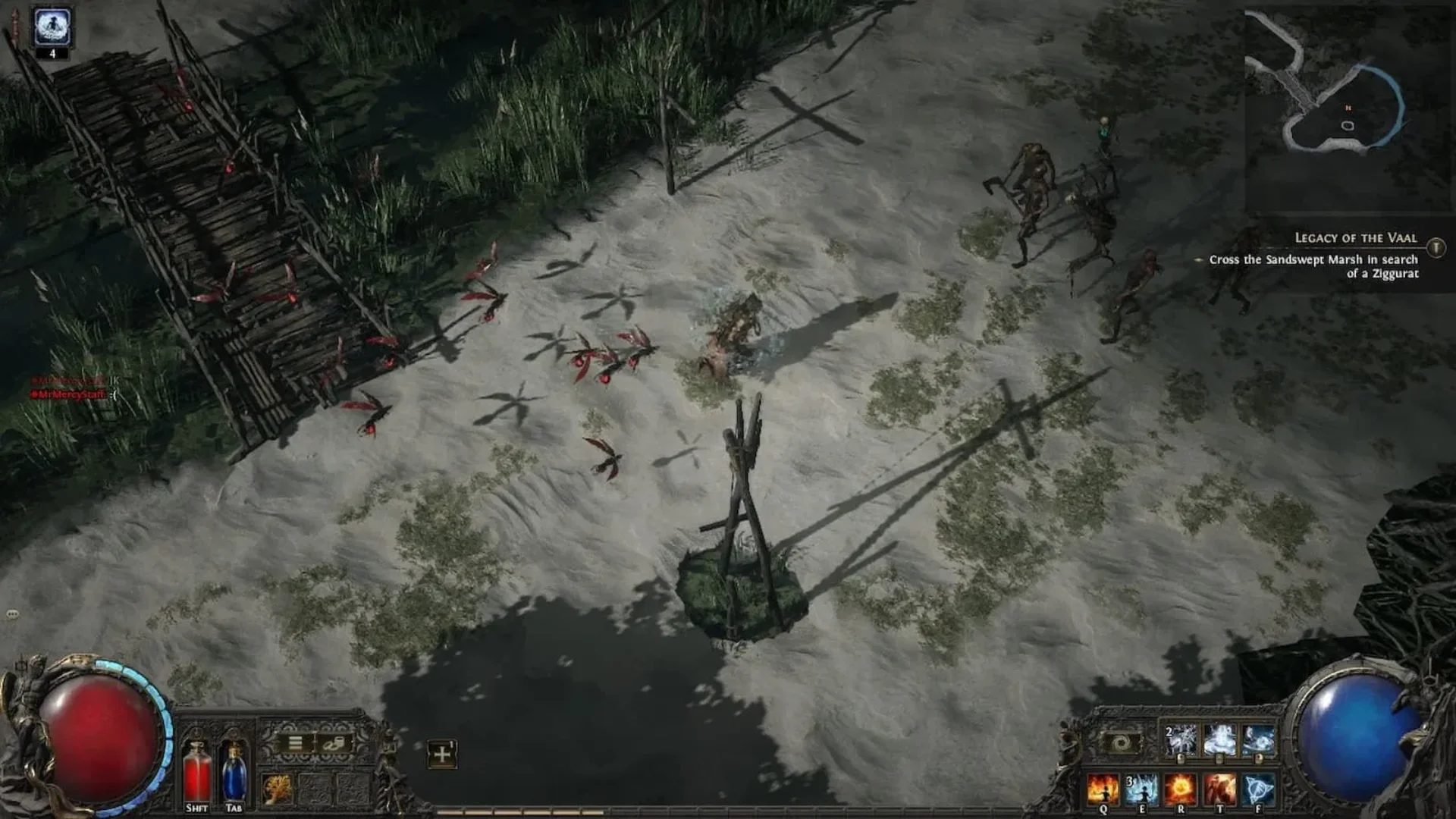 A Path of Exile 2 character crosses the Sandswept Marsh while enemies approach from nearby paths.