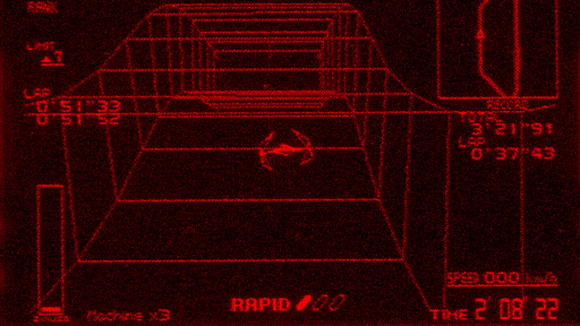 A red Virtual Boy racing screen shows a futuristic vehicle speeding along a track with position and time displays.