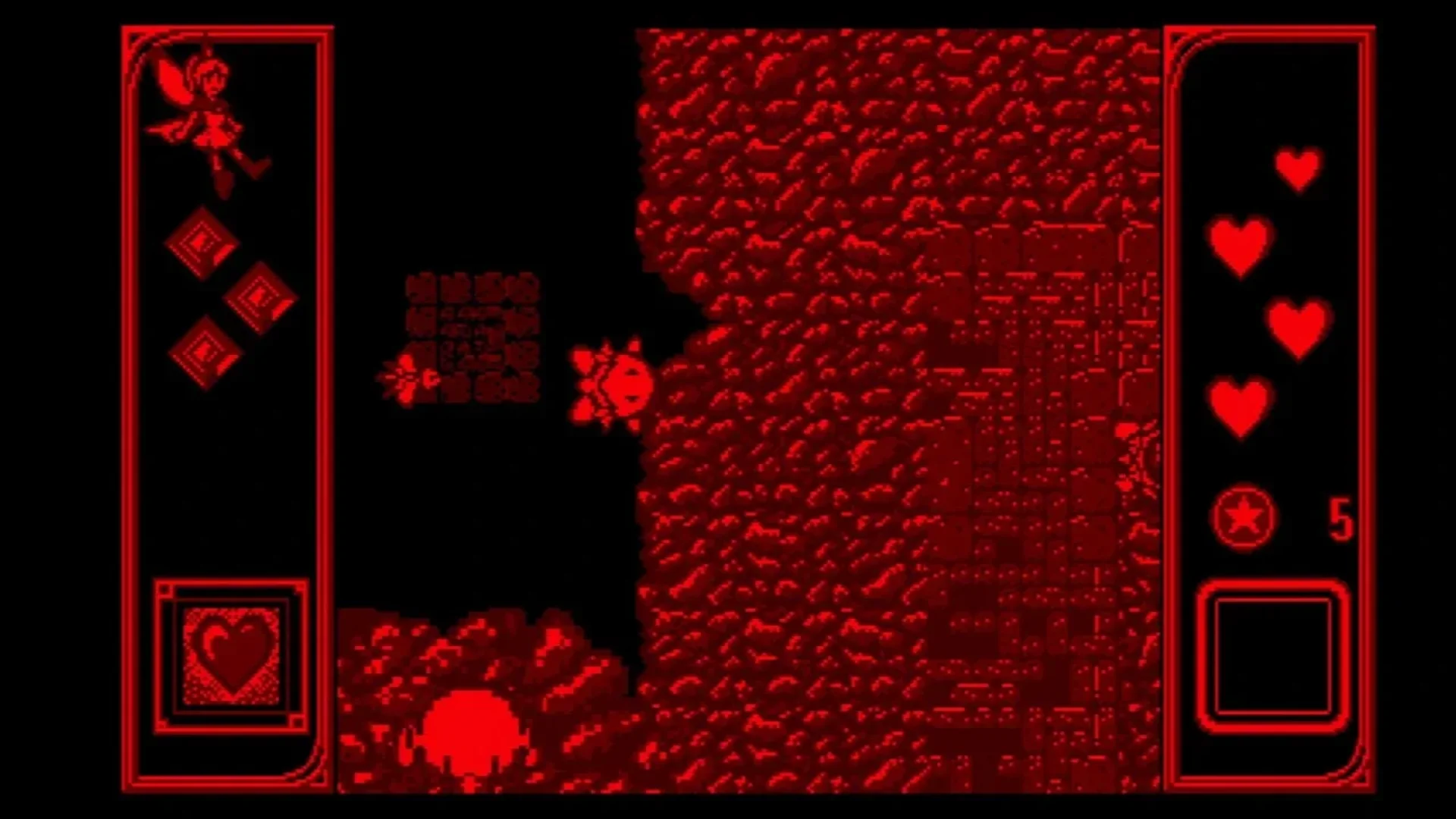 A small winged character explores a rocky area while another figure stands nearby in red Virtual Boy graphics.