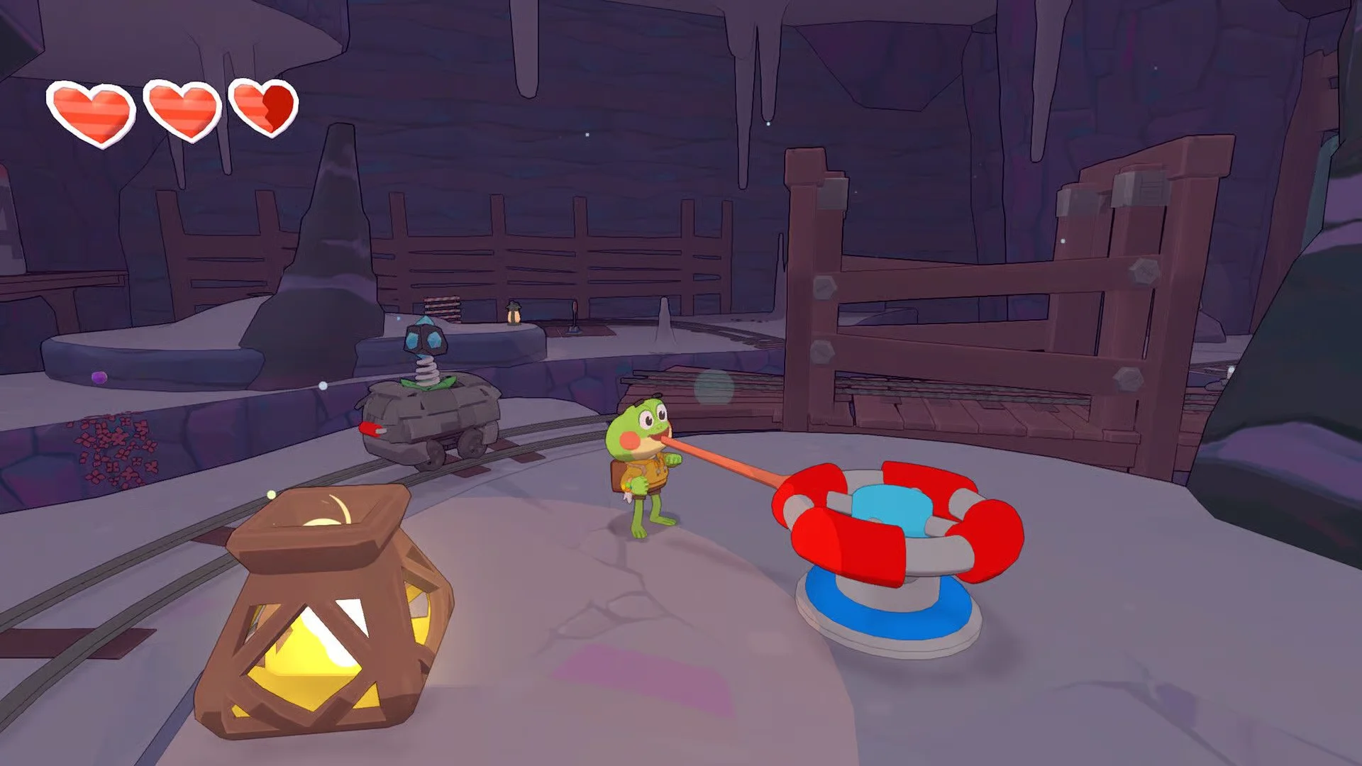A large cartoon frog runs through a colourful landscape while other frogs climb trees and swing overhead.