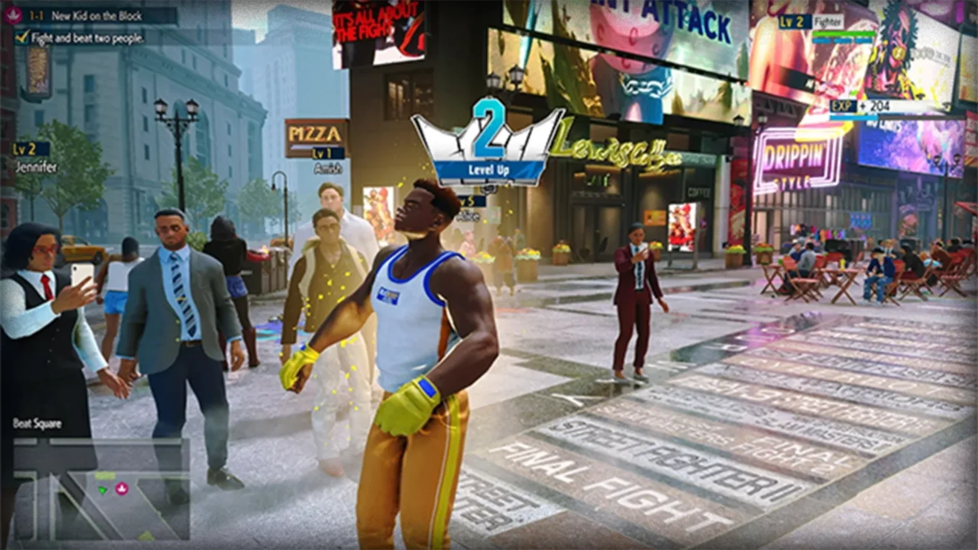 A Street Fighter 6 World Tour character levels up after winning a street fight in Metro City.