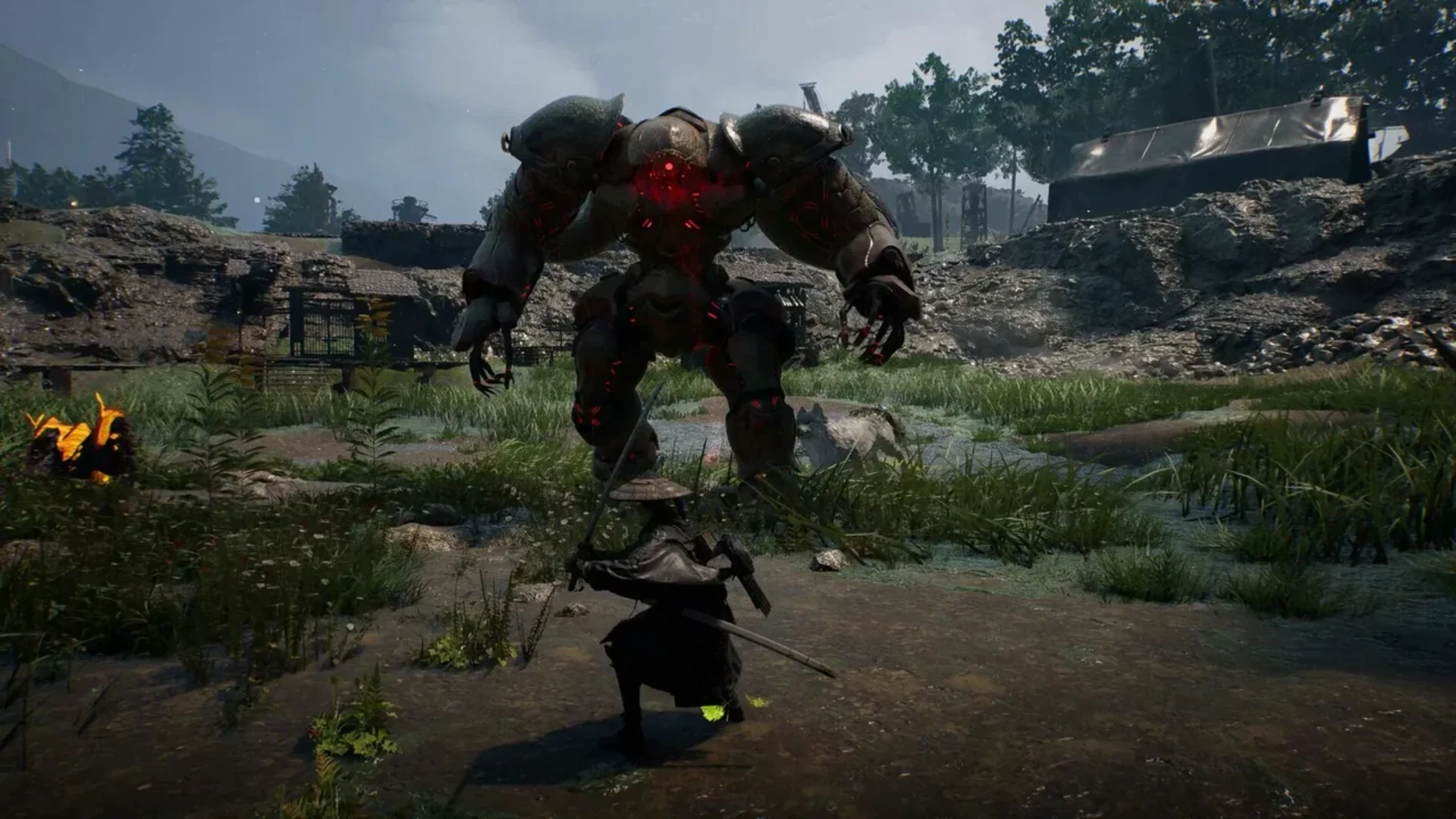 A swordswoman faces a towering mechanical enemy with glowing red armour in Beast of Reincarnation.