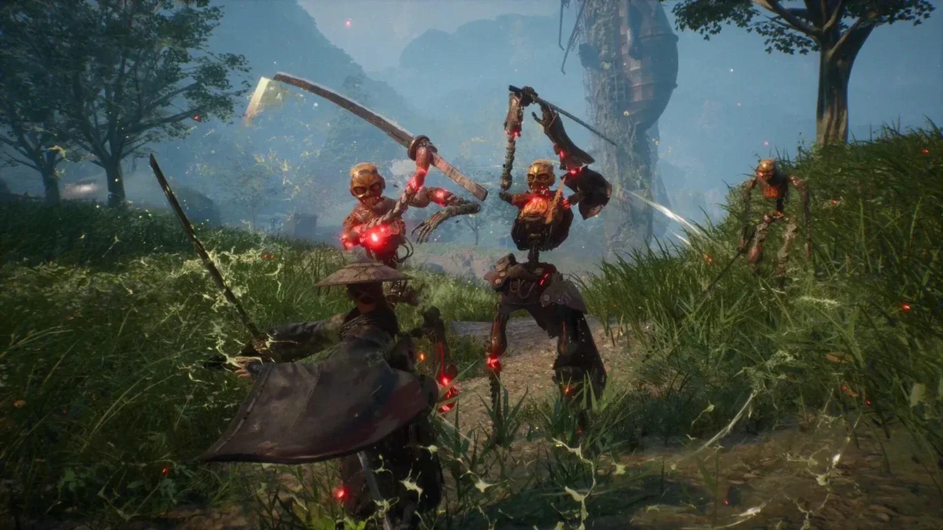 A swordswoman battles several red-glowing mechanical enemies in Beast of Reincarnation.