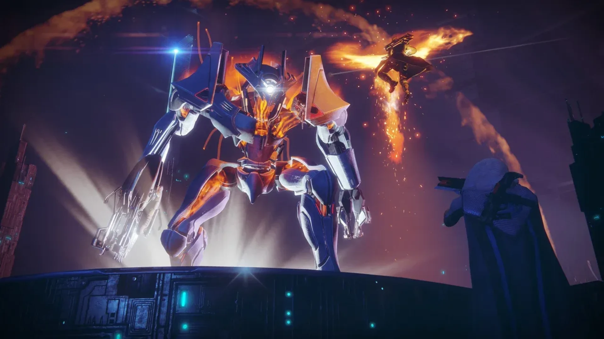 A Destiny 2 Guardian confronts a towering mechanical enemy during a large-scale battle.
