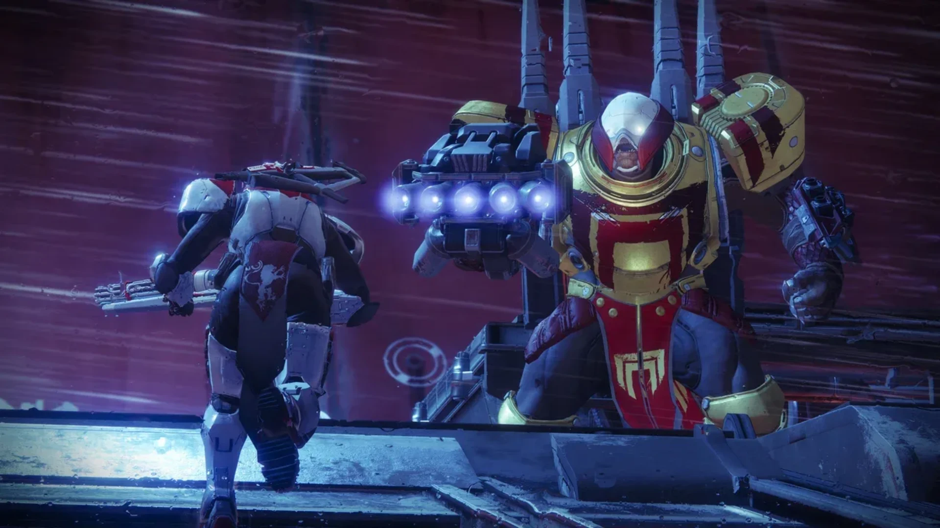 A Destiny 2 Guardian battles a large armoured enemy carrying a powerful energy weapon.