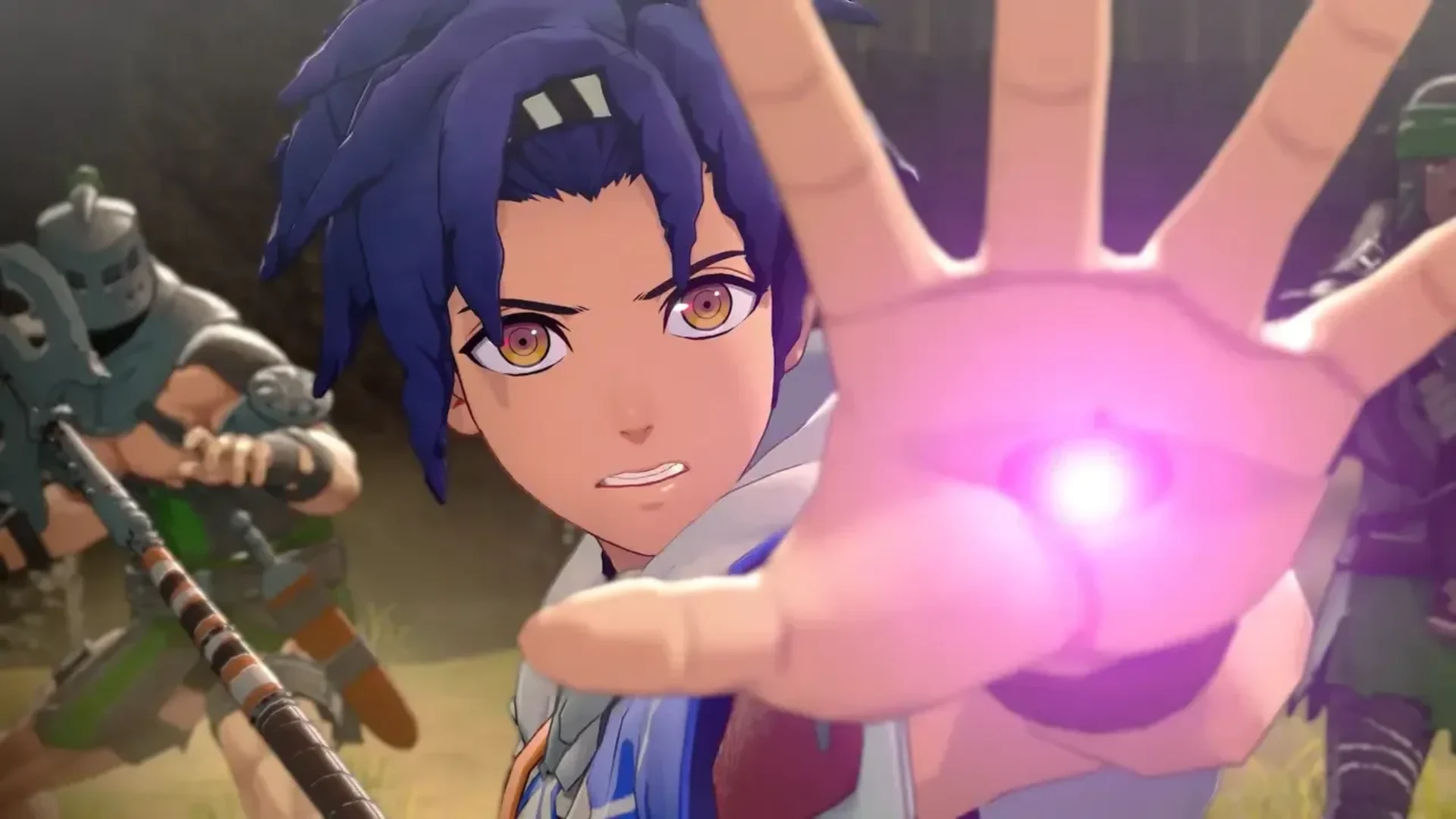 A blue-haired character creates a glowing magical attack in Fire Emblem: Fortune’s Weave.