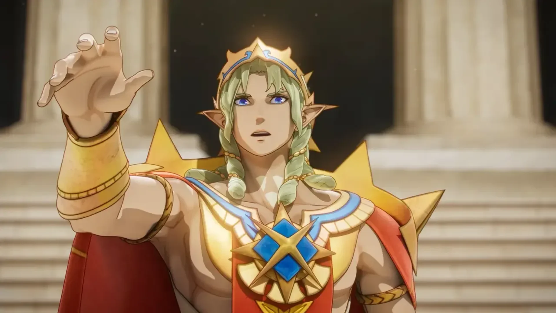 A royal character raises his hand inside a grand hall in Fire Emblem: Fortune’s Weave.