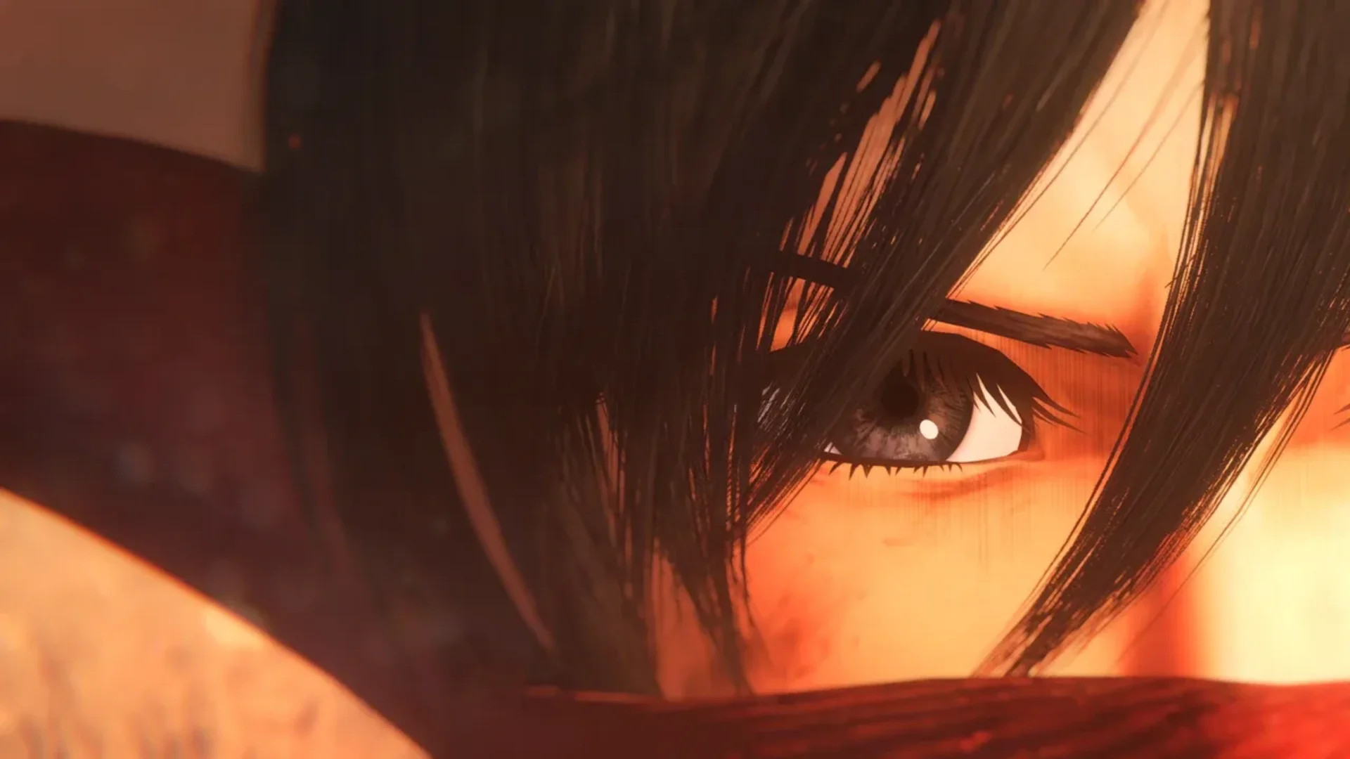 Mikasa looks ahead with a serious expression as warm light reflects across her face.