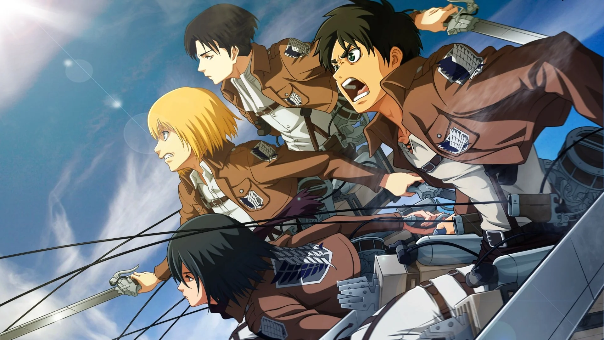 Eren, Mikasa, Armin, and Levi charge forward using omni-directional mobility gear.