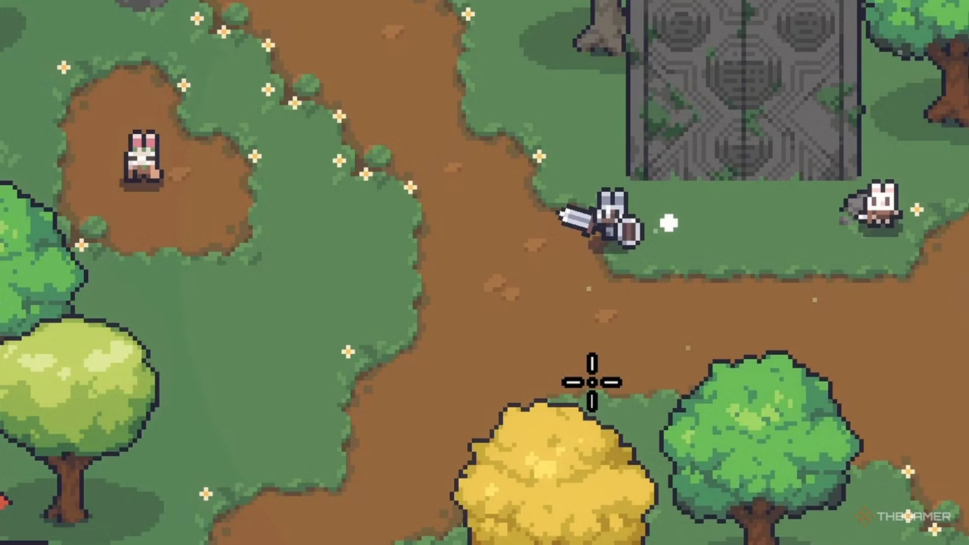 A rabbit hero carries a large sword near Bunnyville residents on a colourful forest path.