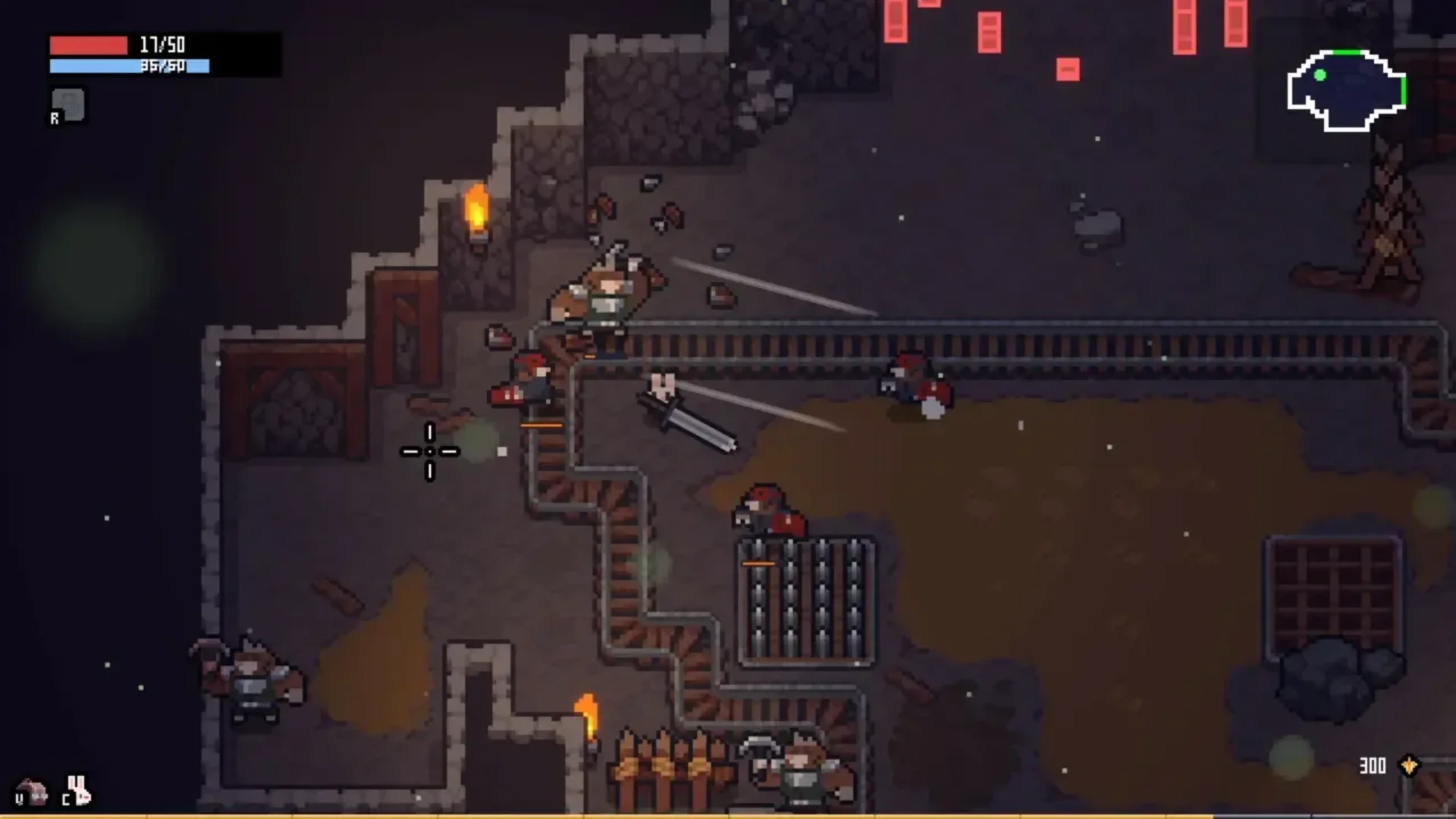 A rabbit fighter battles several enemies inside a dark mine filled with tracks and torches.