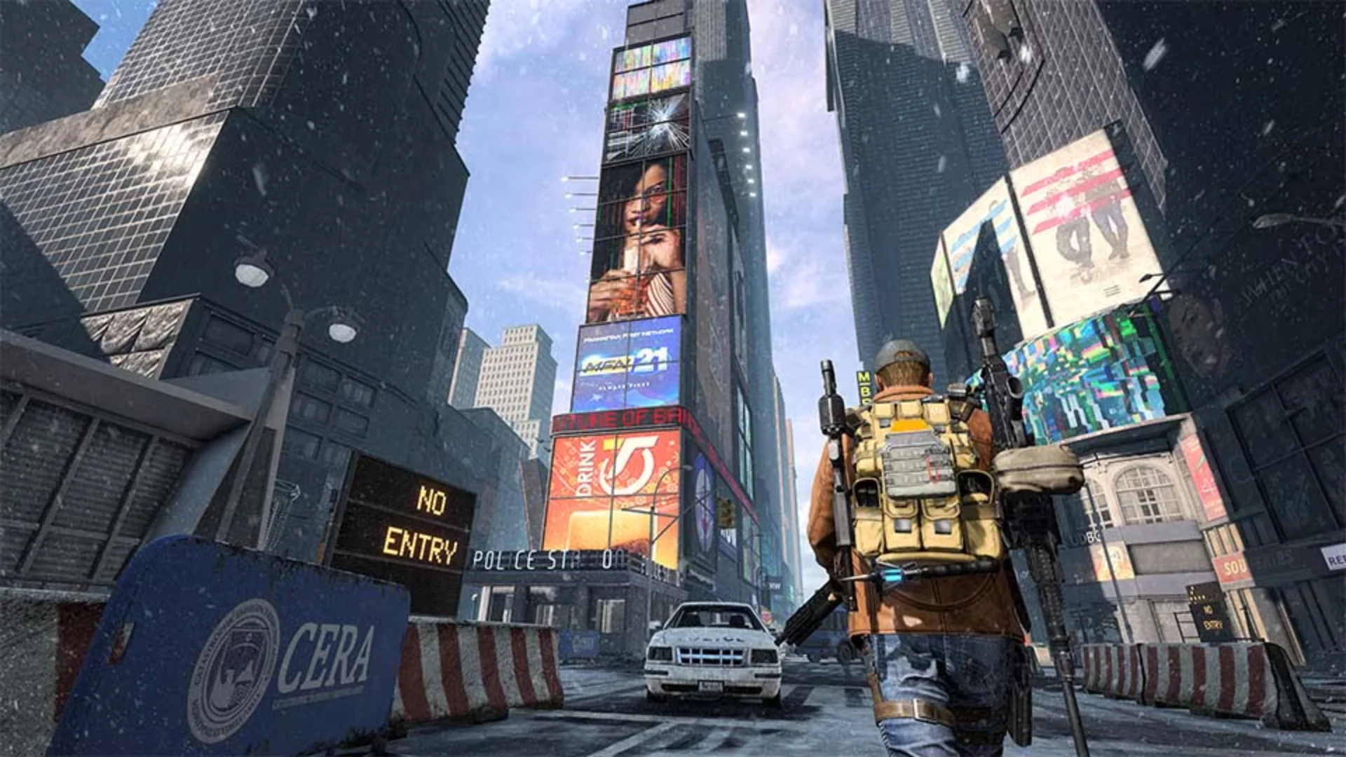 A Division agent explores a snowy New York street surrounded by skyscrapers and security barriers.