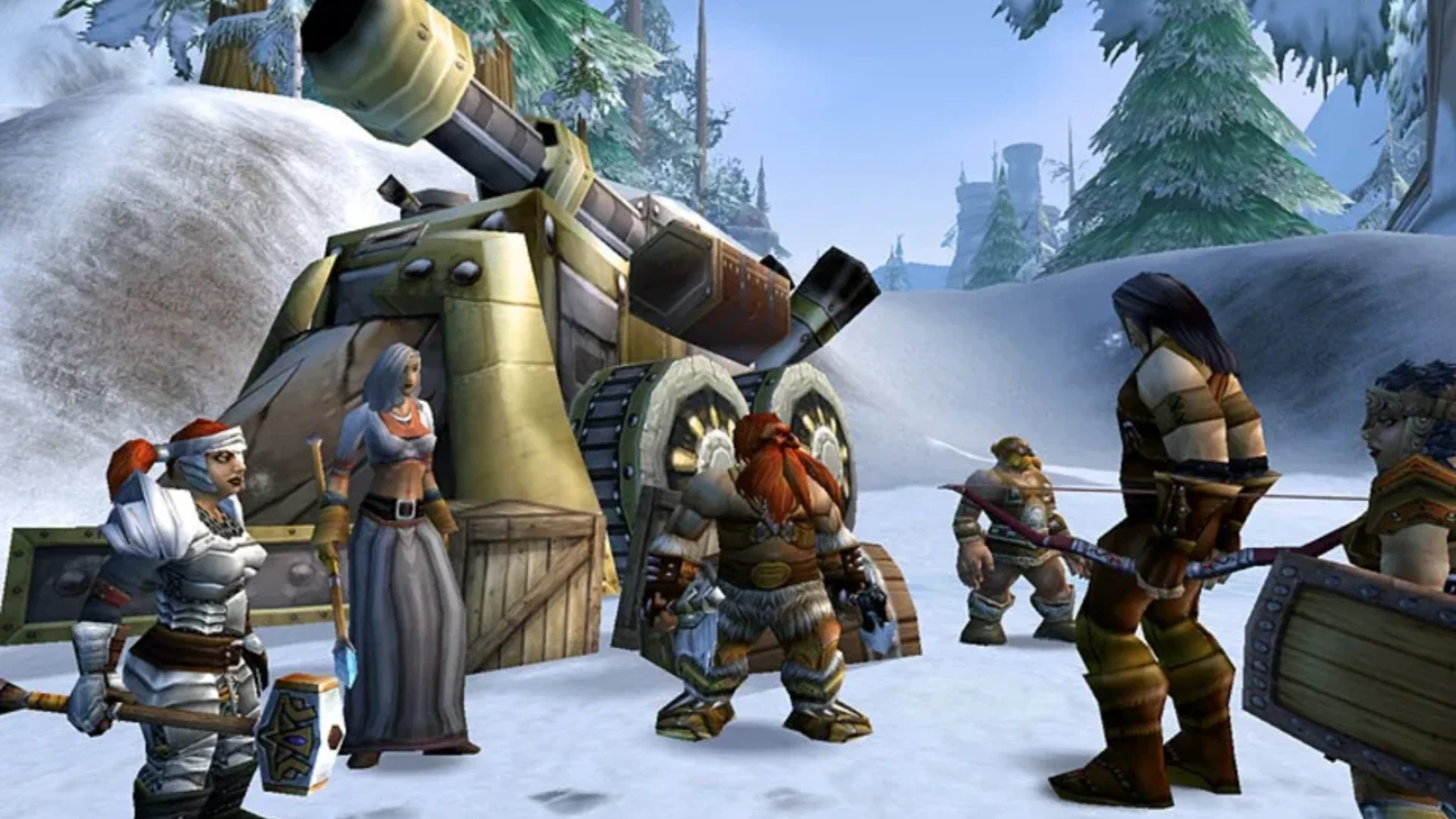 World of Warcraft characters gather beside a large machine in a snowy settlement.