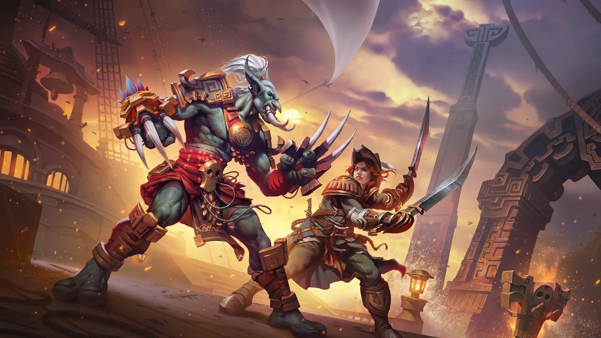 A troll warrior and human fighter battle with blades aboard a ship at sunset.