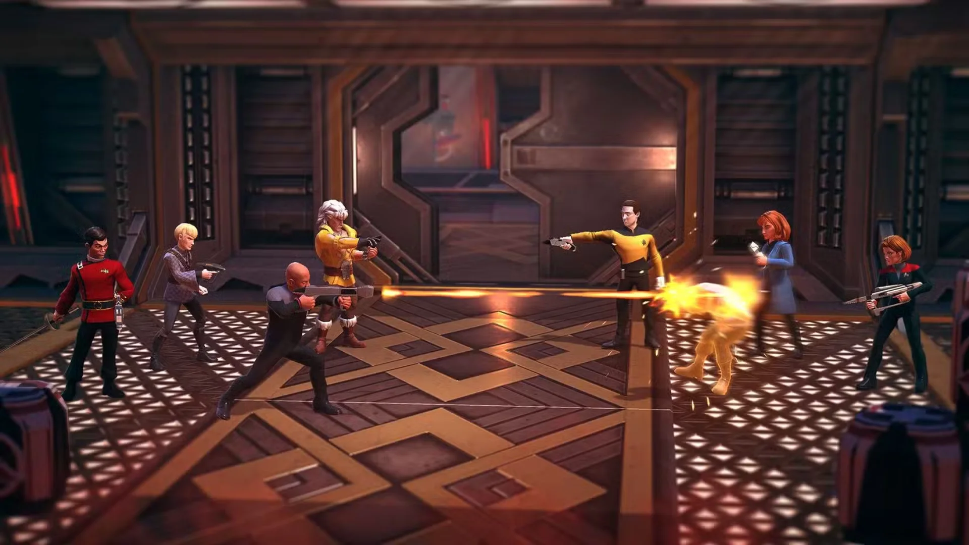 Two Star Trek crews exchange phaser fire inside a futuristic starship corridor.