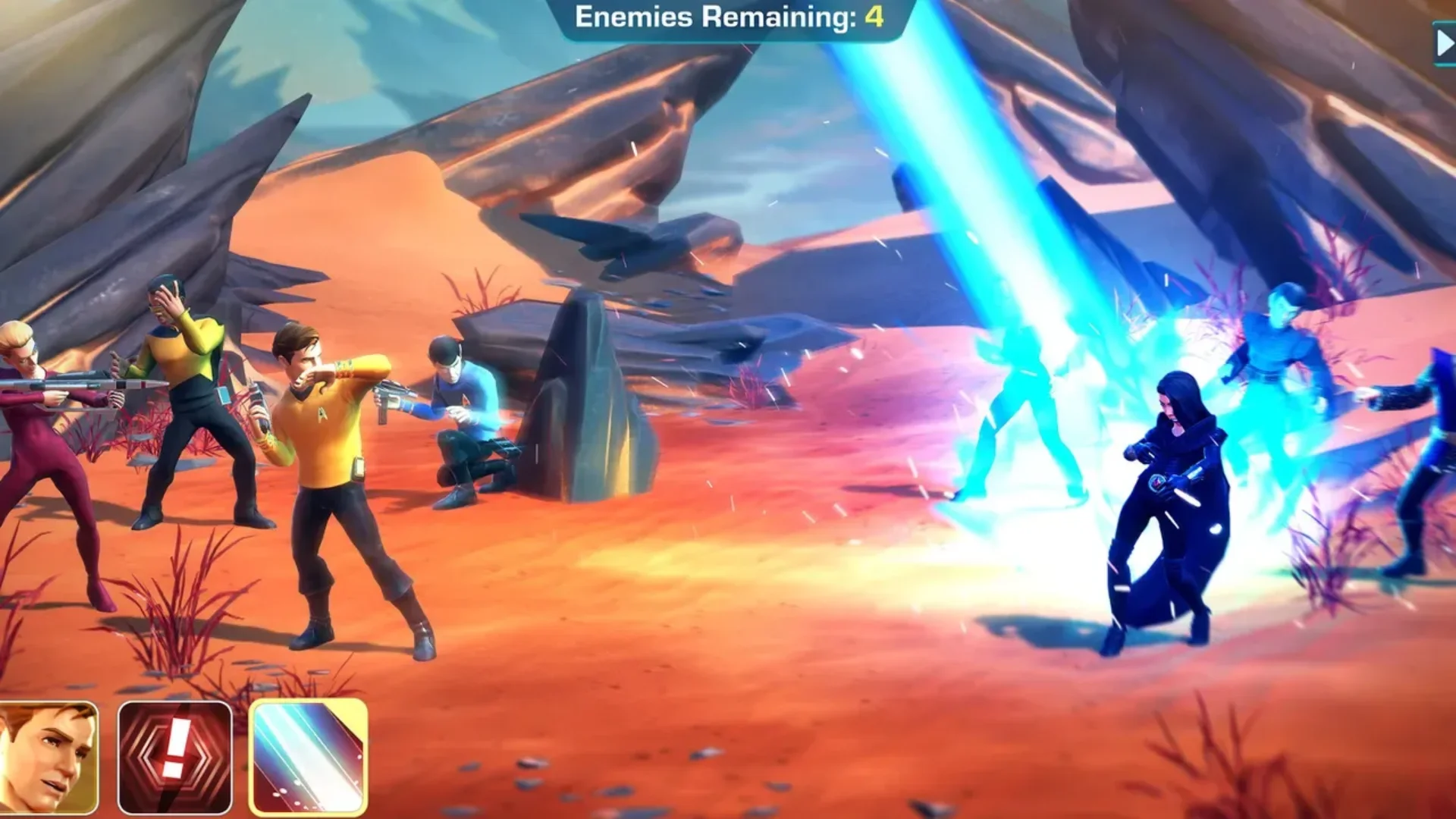 Starfleet officers battle enemies with phasers during a turn-based mission on an alien planet.