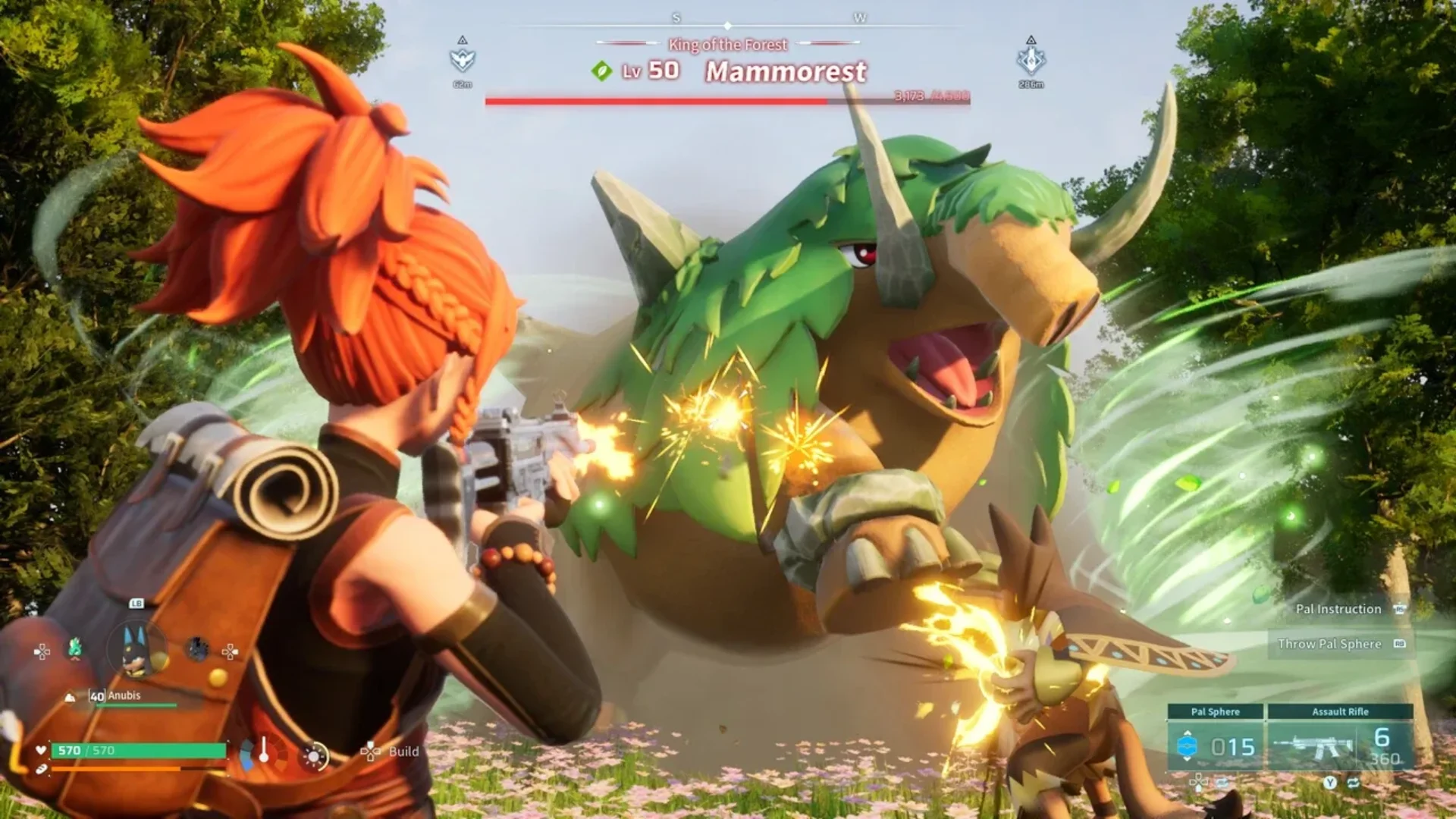 A player fires an assault rifle at Mammorest while another Pal attacks during a forest boss battle.