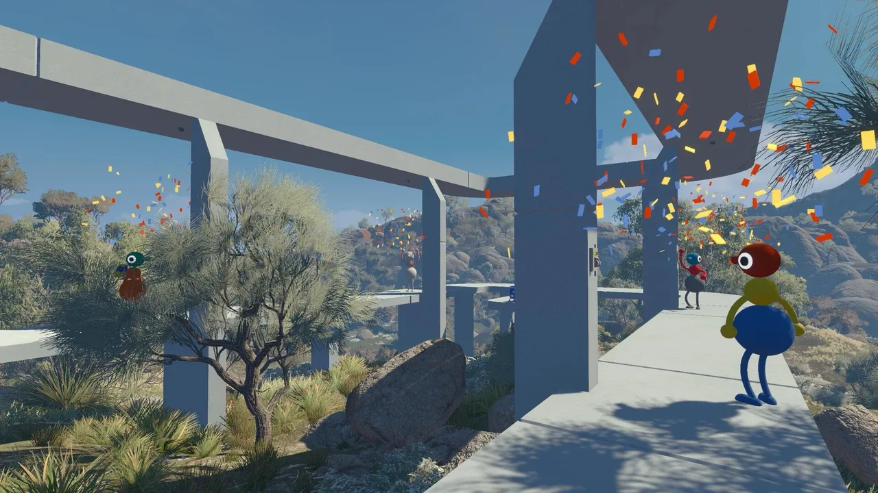 Colorful cartoon characters exploring concrete walkways surrounded by trees and falling confetti in Big Walk.