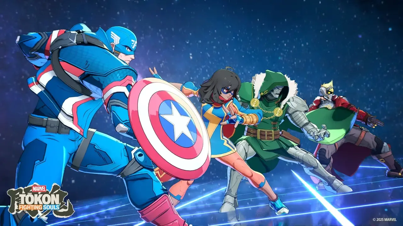 Captain America, Ms. Marvel, Doctor Doom, and Star-Lord preparing for battle in MARVEL Tōkon: Fighting Souls.