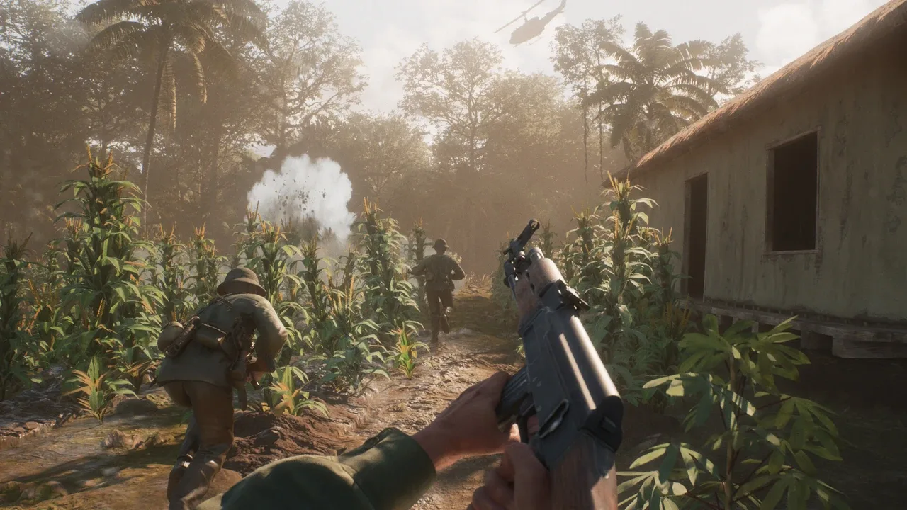 First-person soldier advancing with teammates through a cornfield during combat in Hell Let Loose: Vietnam.