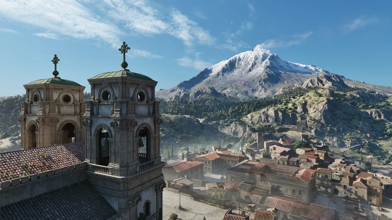 View of a historic Sicilian town with church towers and a mountain landscape in Mafia: The Old Country – Man of Honor.