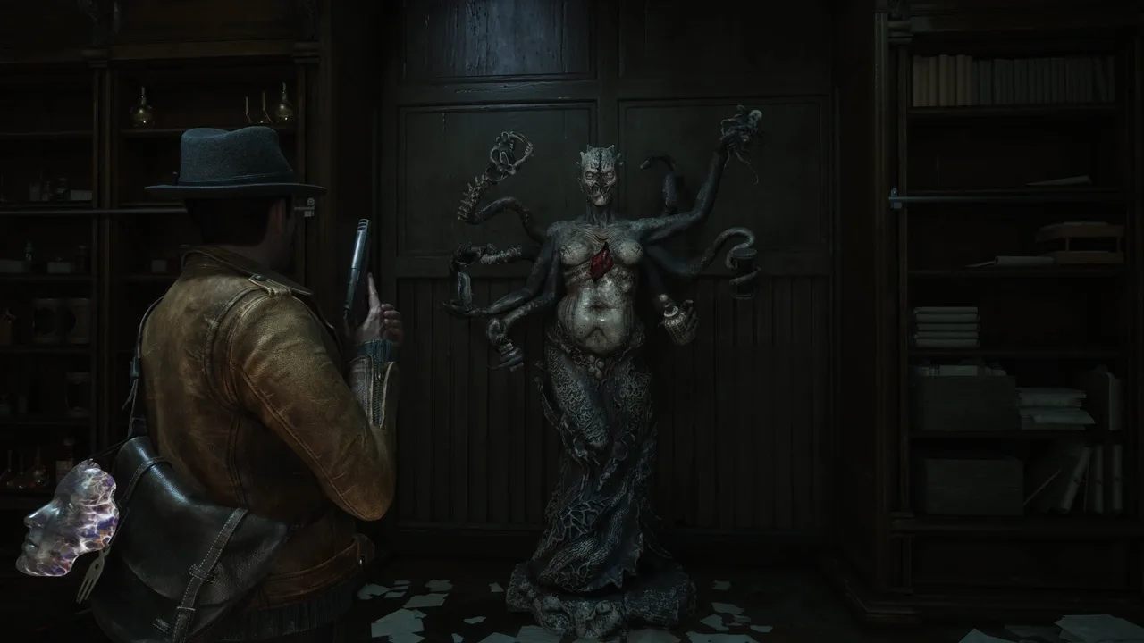 Armed investigator facing a multi-armed supernatural creature inside a dark room in The Sinking City 2.