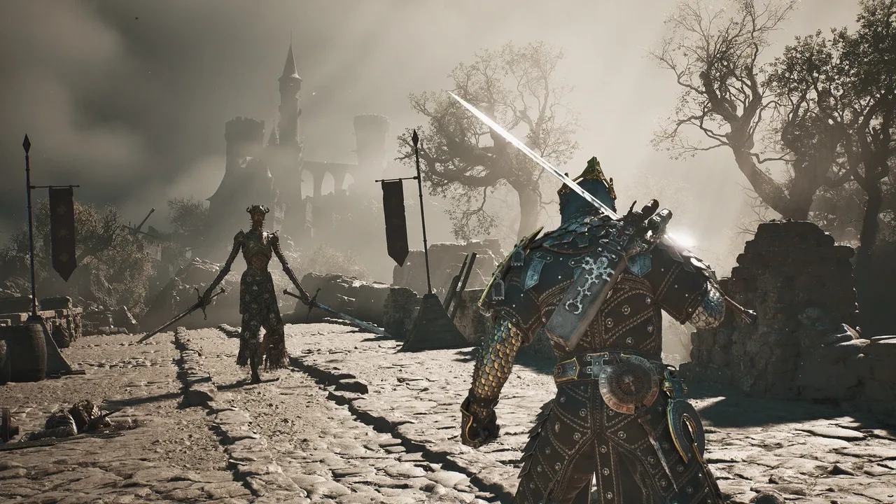 Armored warrior confronting a sword-wielding enemy near ruined castle walls in Mortal Shell II.