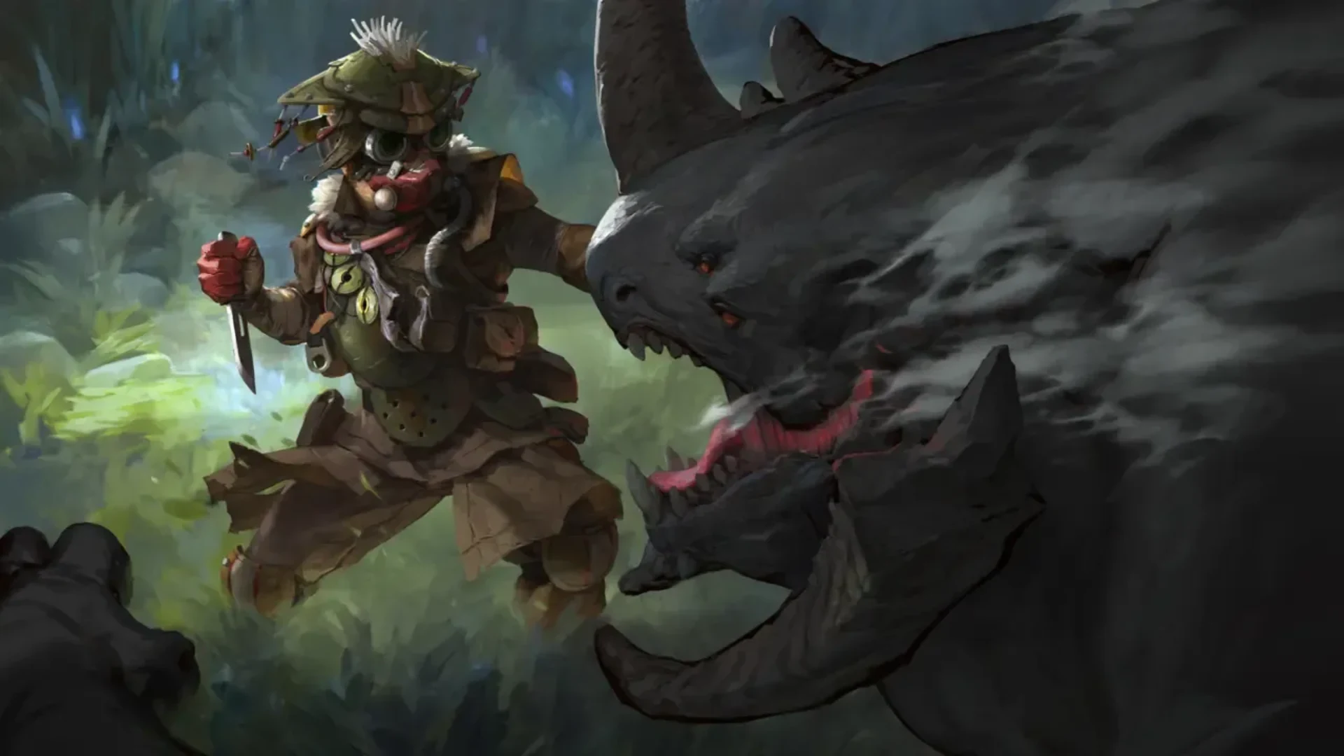 Bloodhound confronts a large black Prowler in Apex Legends artwork.