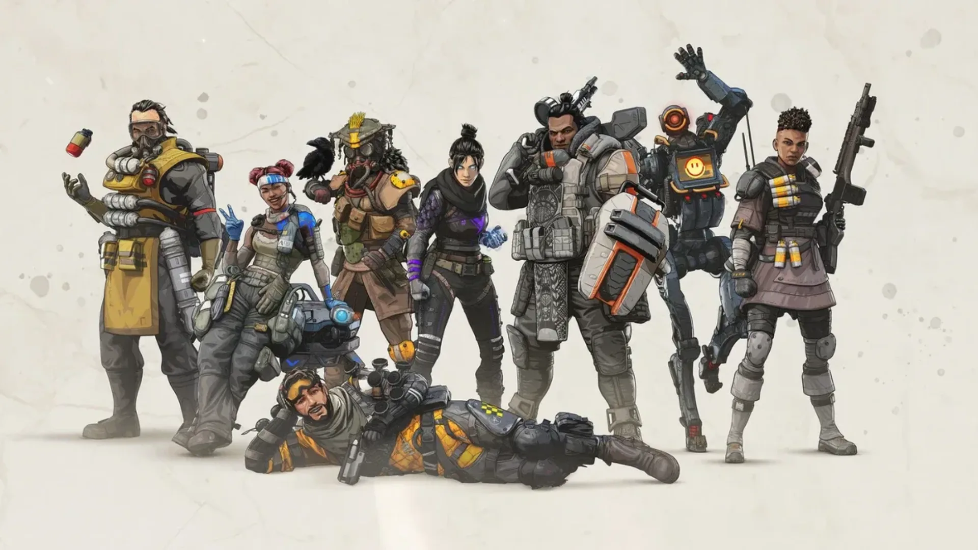 Bloodhound, Lifeline, Wraith, Gibraltar, Pathfinder and Bangalore pose together.