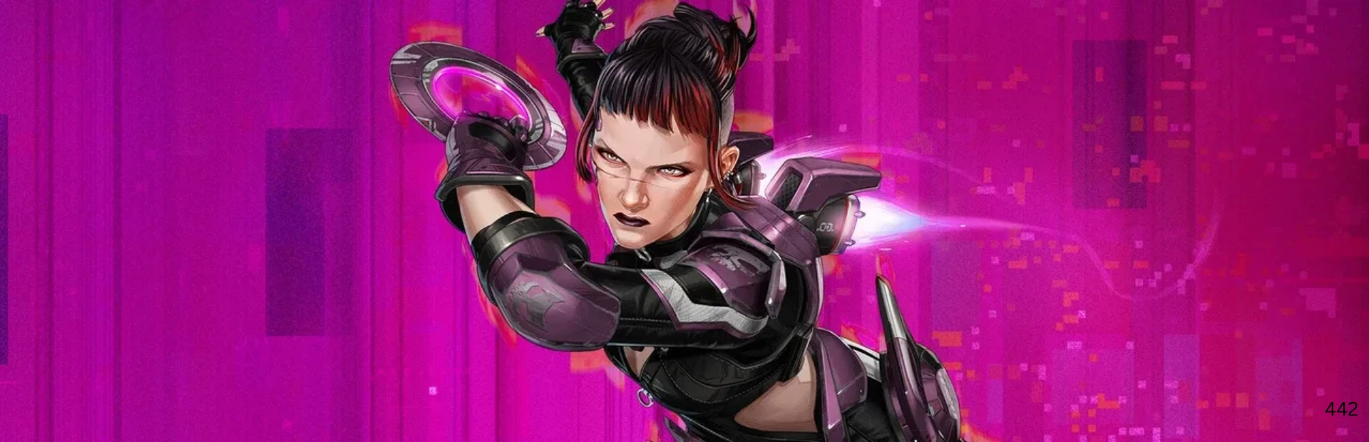 An Apex Legends character in purple armour prepares to attack against a bright pink background.