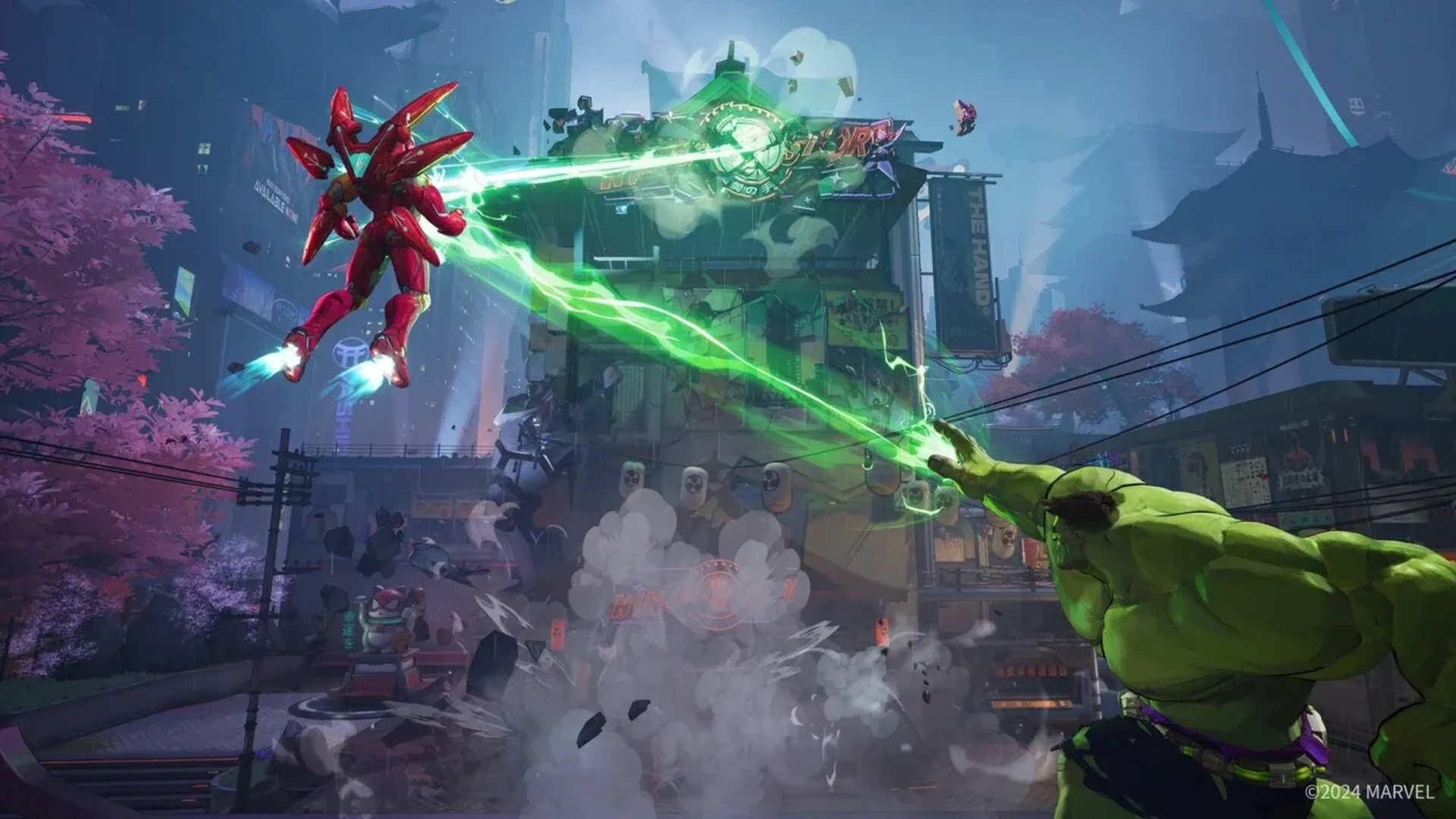 Hulk fires green energy at Iron Man during a city battle in Marvel Rivals.