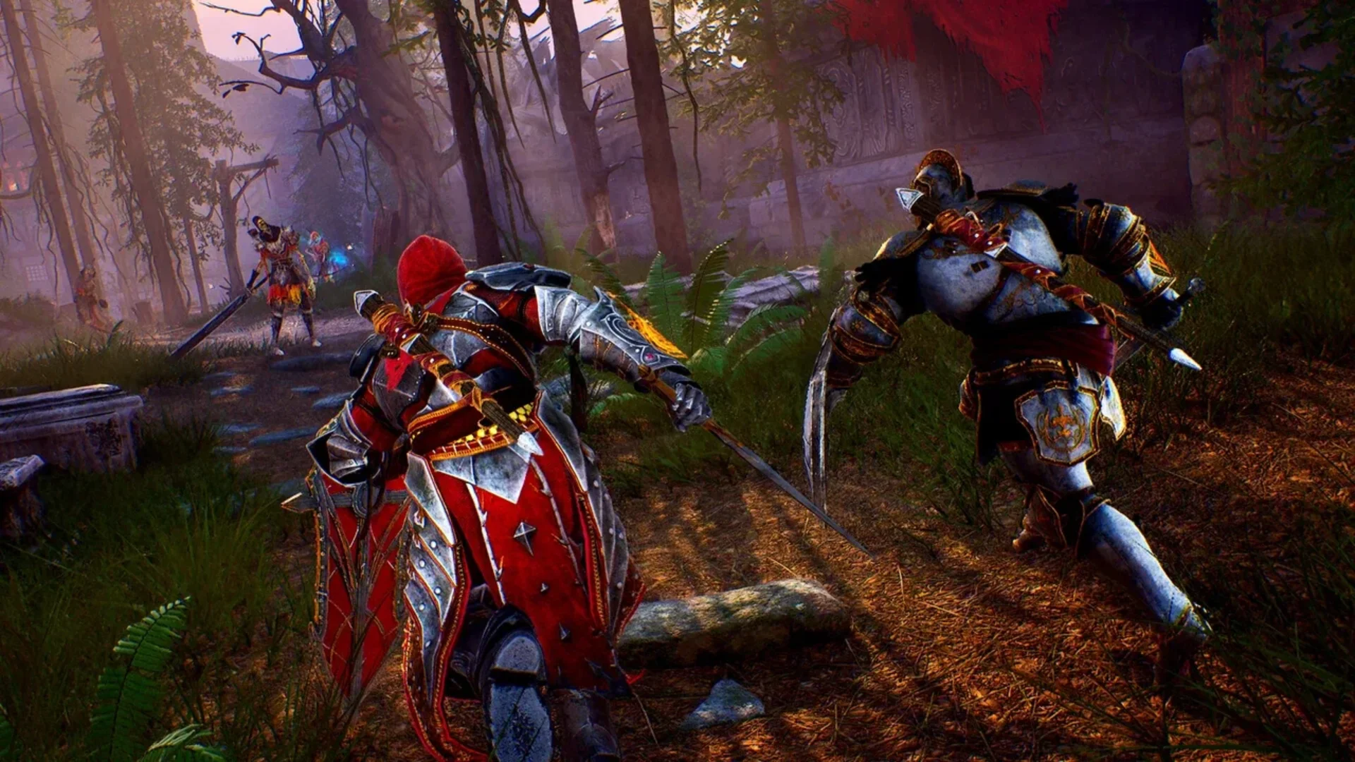 Two armoured warriors fight supernatural enemies in a dark forest in Crimson Moon.