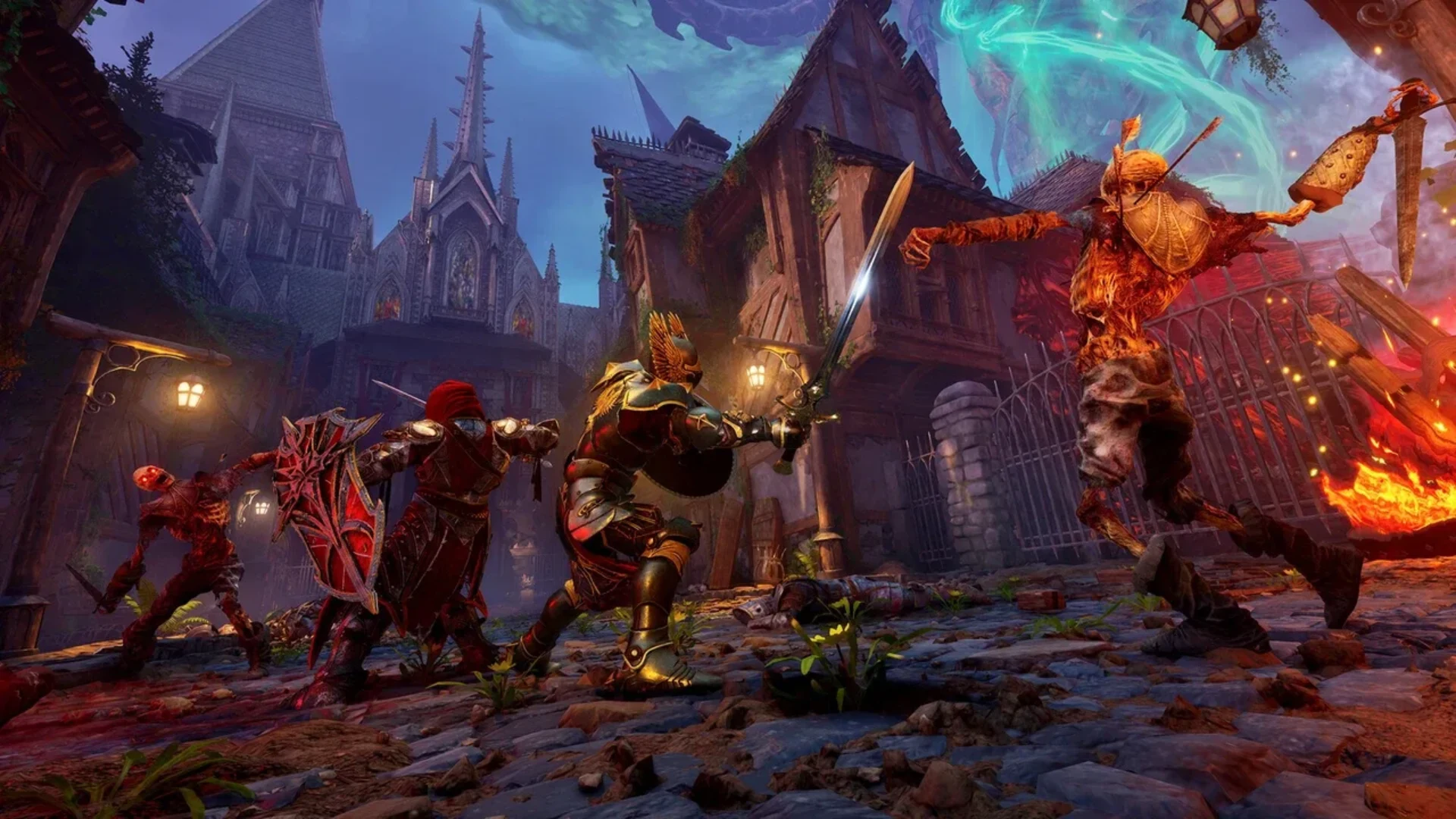 Two warriors fight undead creatures in a ruined district during Crimson Moon gameplay.