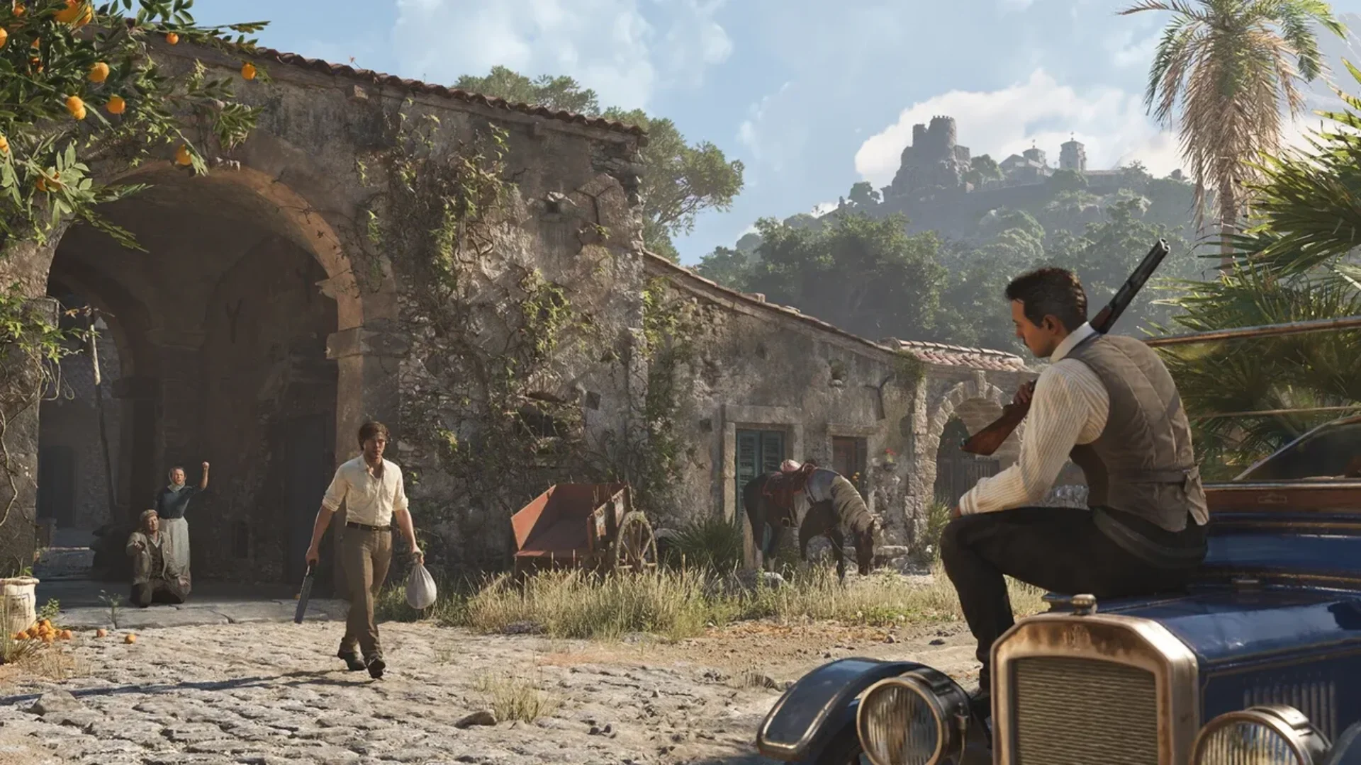 Armed men confront each other beside a vintage car in the Sicilian countryside.
