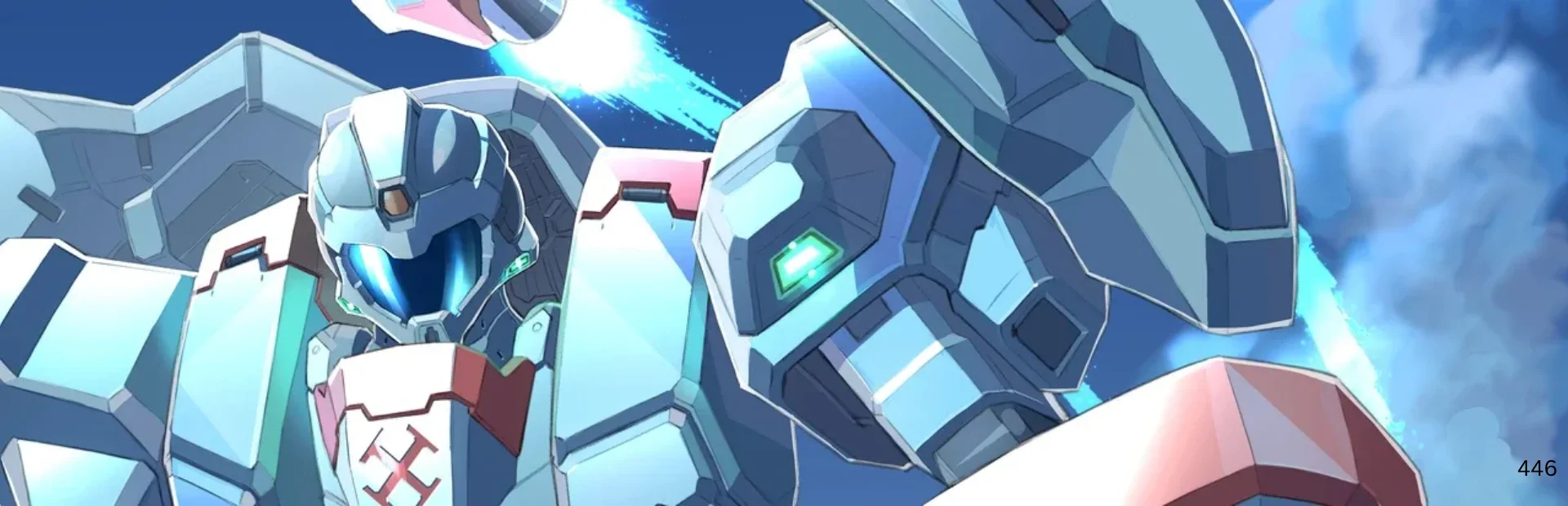 Estique transforms into a large armoured robot against a blue sky in Changeable Guardian ESTIQUE artwork.