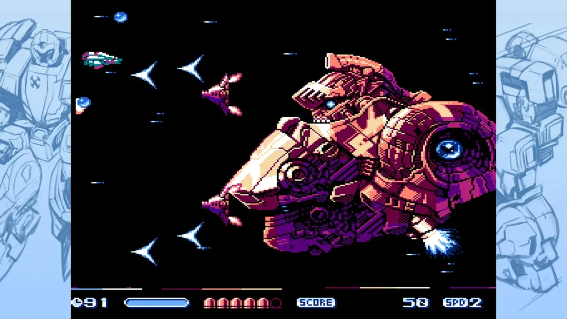 Estique battles enemies in Robot Form during an 8-bit space shooter stage.