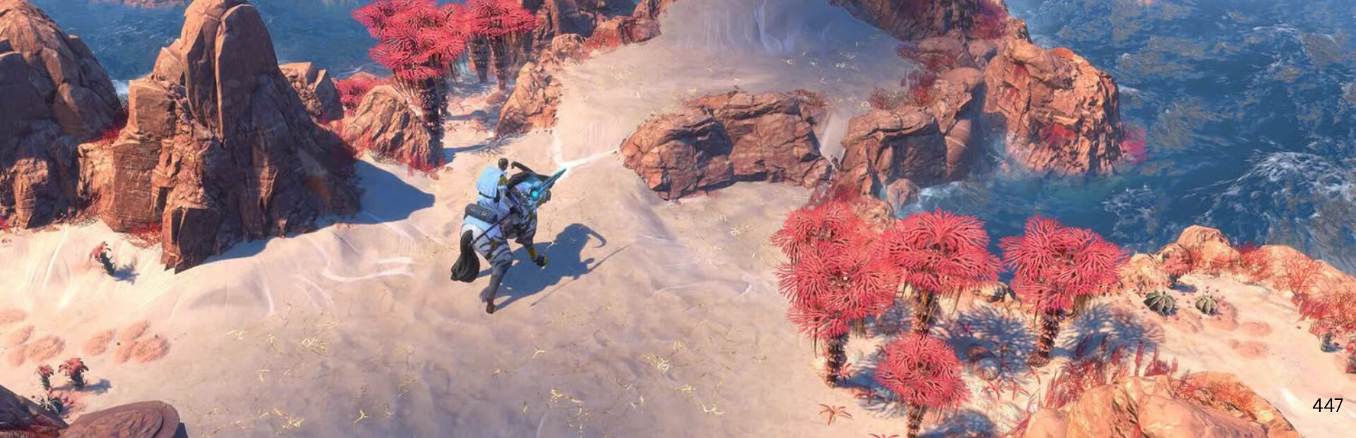 An armoured leader in a red cape overlooks soldiers, waterfalls, and a distant city in Endless Legend 2.