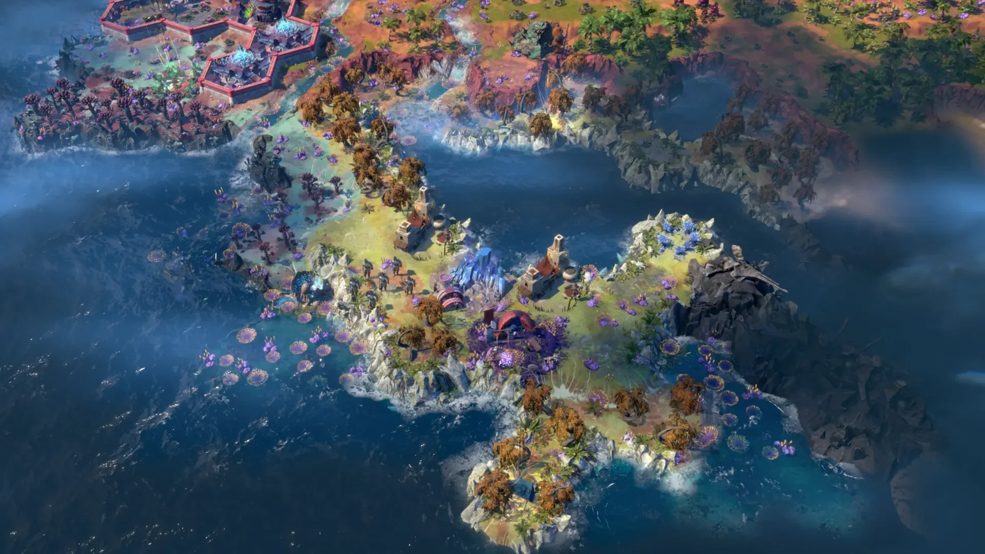 A mounted Sandshaper travels through a rocky desert filled with red trees in Endless Legend 2.