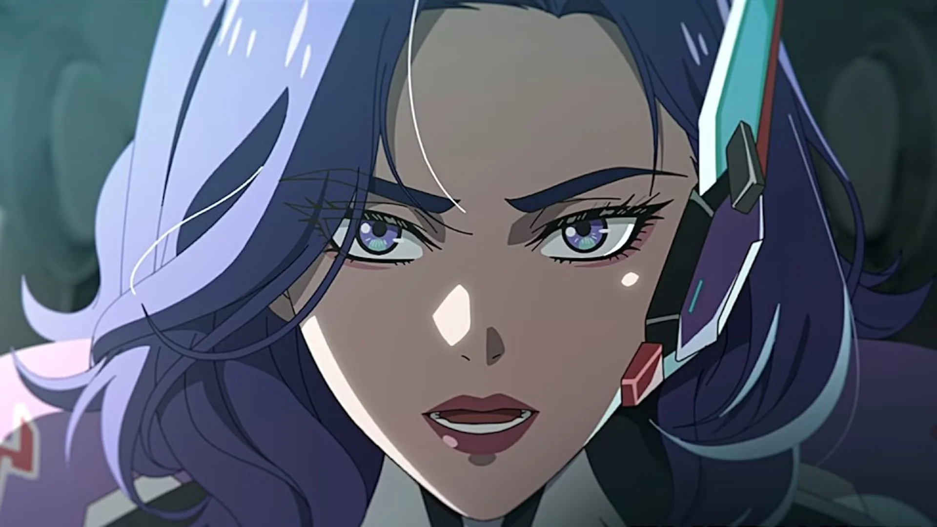 D.Mon looks forward while wearing her futuristic MEKA pilot headset in an animated Overwatch scene.