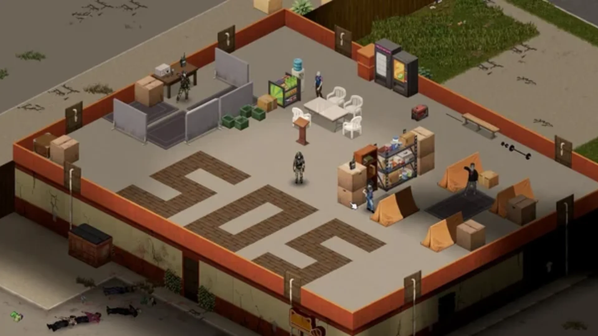 Project Zomboid survivors occupy a converted shop filled with tents, supplies, tables, storage boxes, and vending machines.