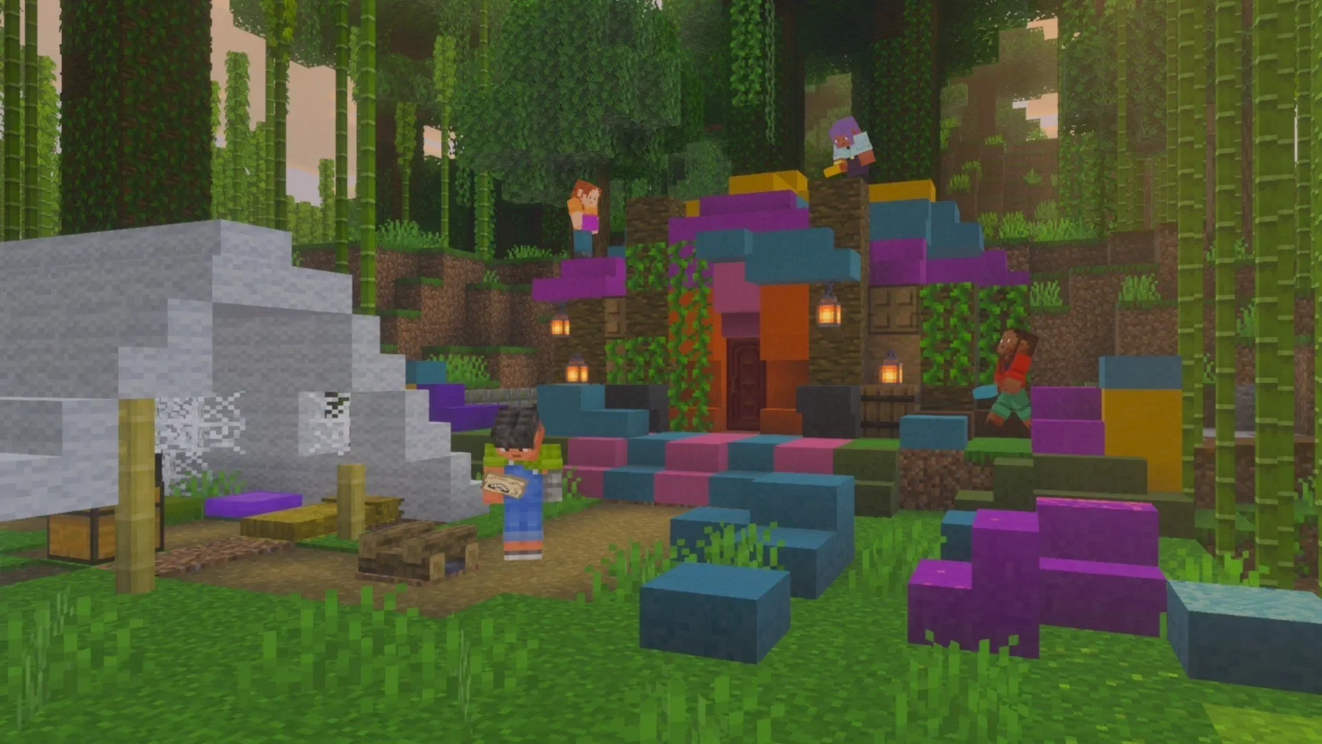 Minecraft players build a colourful jungle structure using blocks, stairs, slabs, lanterns, and vines.