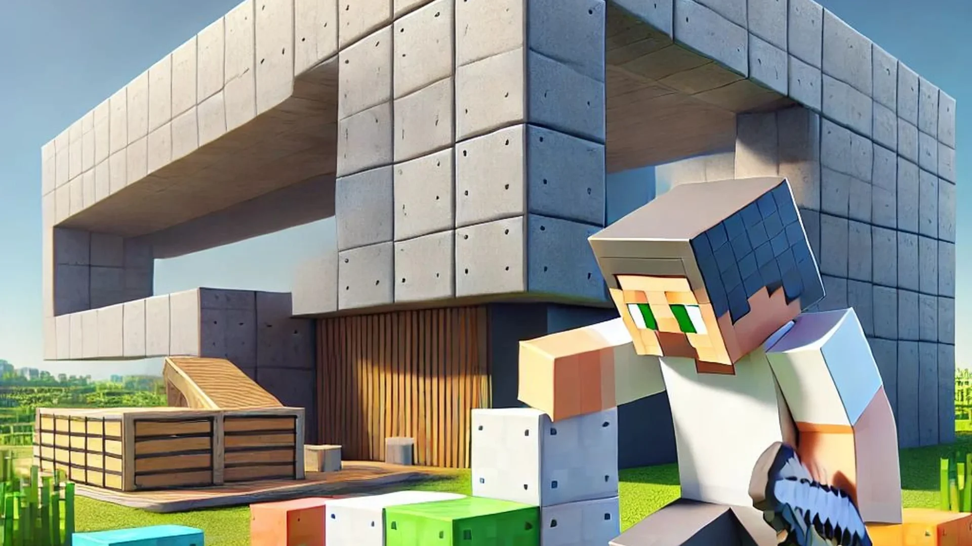 Minecraft players build and rest beside a campfire, showing how different block shapes can add detail to shelters and outdoor spaces.