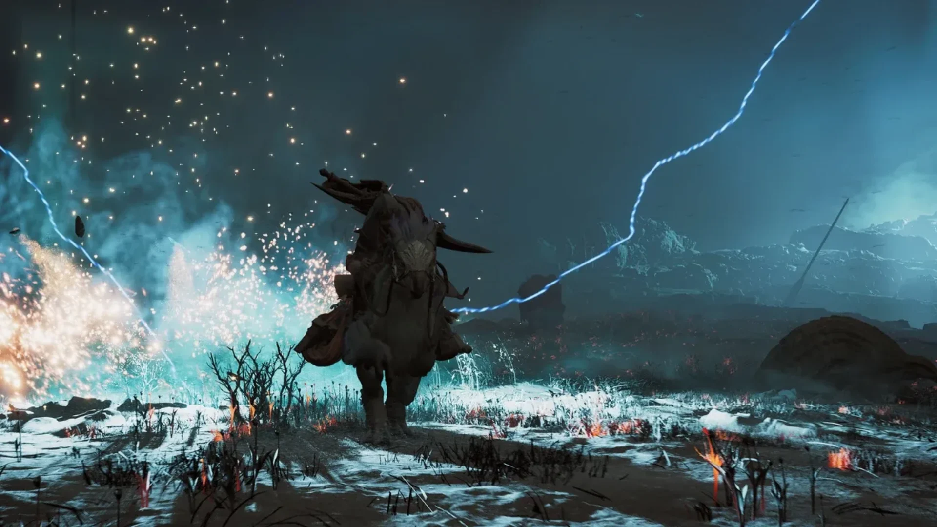 A mounted hunter crosses a stormy landscape filled with lightning in Monster Hunter Wilds.