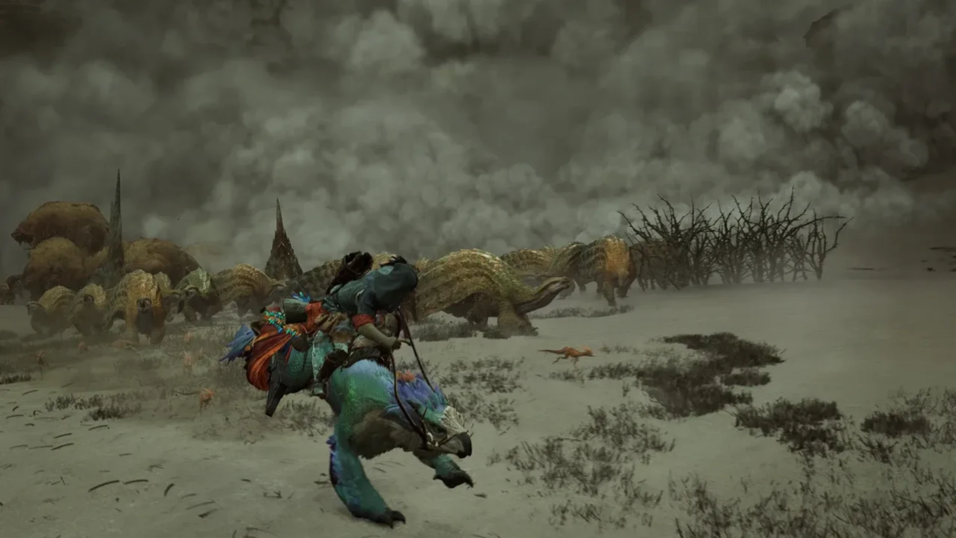 A mounted hunter follows a large herd of monsters through a dusty region.