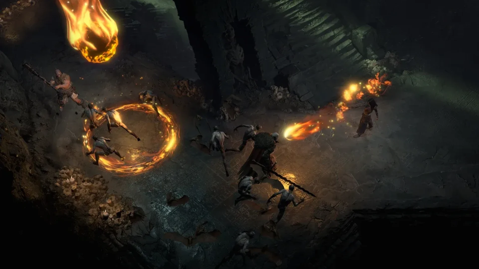 Diablo 4 characters fight enemies with fiery spells inside a dark dungeon.