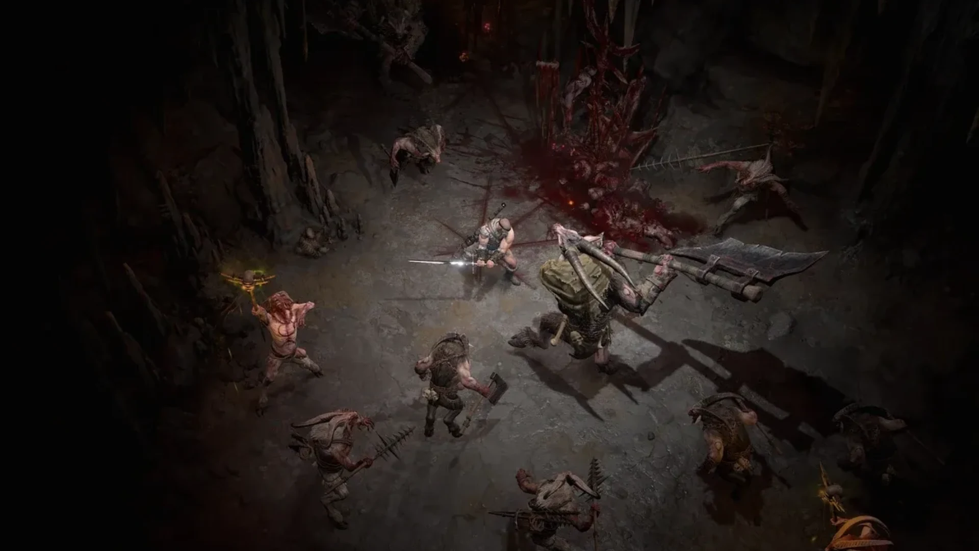 A Diablo 4 warrior fights several armed enemies in a dark underground chamber.