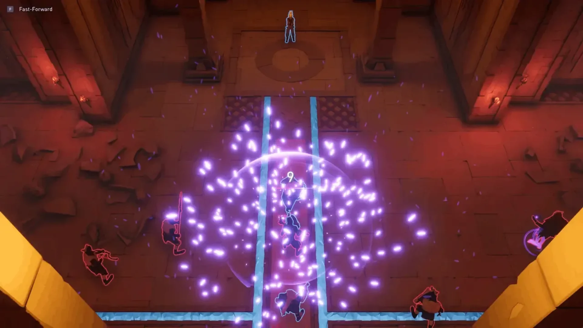 A Beaten Path character creates a purple magical blast inside an ancient temple.
